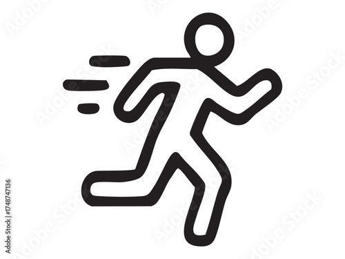 Black outline of running figure icon with motion lines, isolated on white background. concept of speed, fast movement, fitness activity, exercise, sports icon, logo design