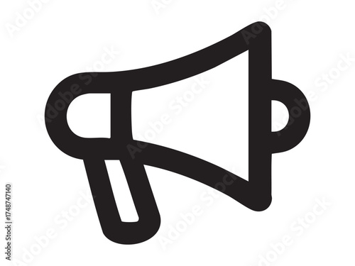 Black outline of megaphone isolated on white background, illustration. concept of icon, logo, announcement, communication, public address, design element, sound amplification