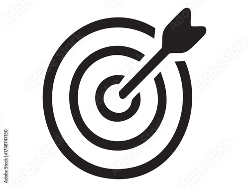Black silhouette of dart hitting bullseye on target board, isolated on white background. concept of accuracy, precision, success, target achievement, icon, logo, design element