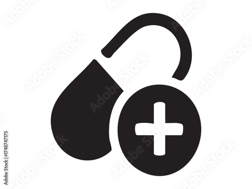 Black silhouette of medical pill capsule with cross symbol isolated on white background. Concept of pharmacy, medication, health care, treatment, drug icon