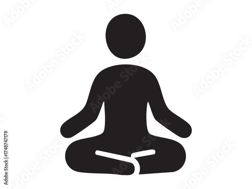 Black silhouette of person meditating in lotus position, isolated on white background. concept of relaxation, yoga, mindfulness, inner peace, meditation practice, calmness, tranquility