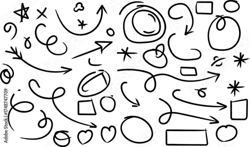 Hand drawn doodle elements arrows circles and shapes for design use