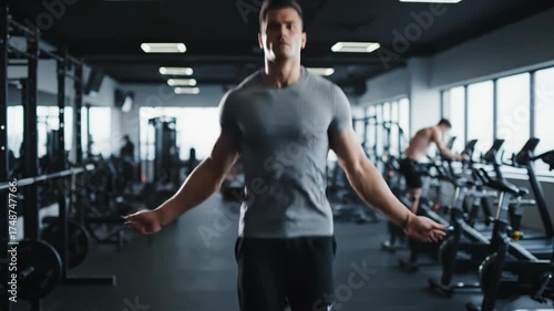 Muscular man jumping rope in a modern gym for cardio fitness and exercise routine