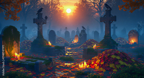 Hauntingly beautiful cemetery scene with glowing candles and crows, perfect for Halloween or gothic themes, creating a mysterious, contemplative mood