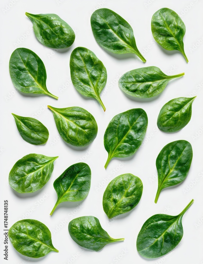 Fototapeta premium Fresh spinach leaves arranged in a symmetrical pattern against a white background