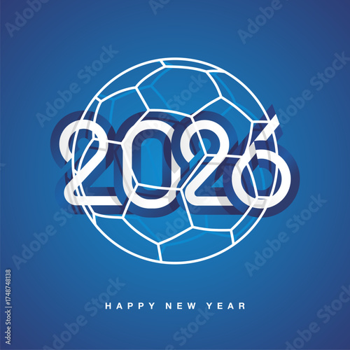 Compact blue and white numbers for New Year 2026 inside a transparent soccer ball on a blue background. Abstract Greek flag with ribbon in the shape of 2026
