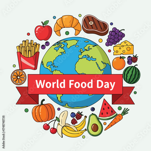 Colorful flat lay of various foods surrounding a globe with a World Food Day banner in a playful, vibrant composition.