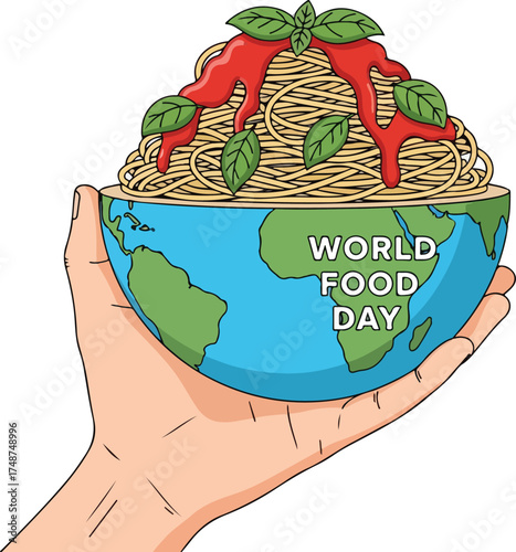 Illustration of a hand holding a globe with spaghetti and basil on top, celebrating World Food Day with a colorful and appetizing composition.