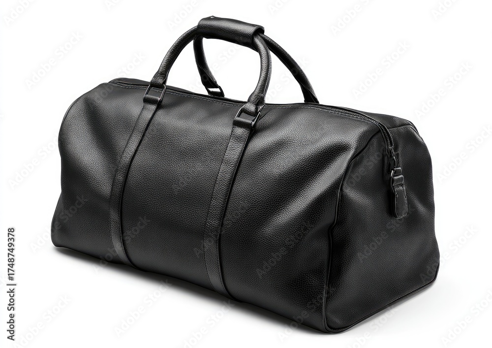 Naklejka premium Black leather duffel bag on white background