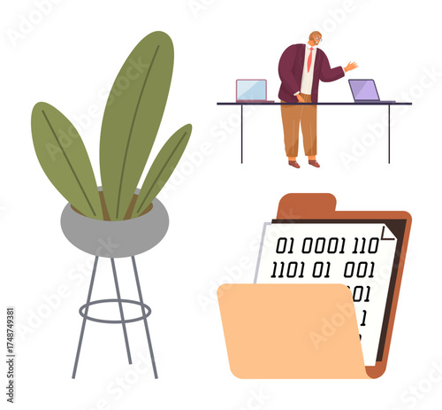 Speaker presenting at desk with laptops, accompanied by green potted plant and folder displaying binary code. Ideal for technology, business, office setup, data analysis, coding, education