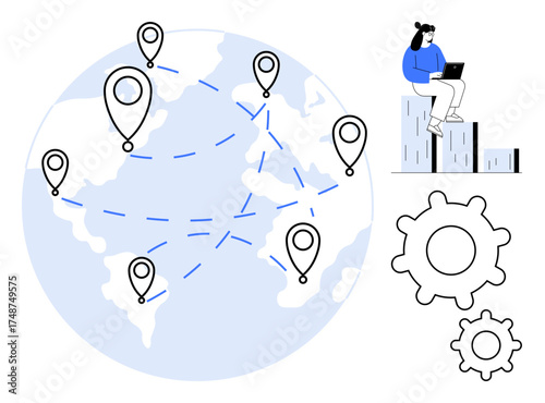 Globe highlighting connections with location markers, user working on laptop atop bar graph, interlocked gears. Ideal for communication, global reach, analytics, technology, teamwork, efficiency