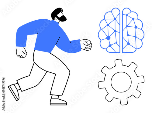 Person striding forward near brain with neural network pattern and gear icon. Ideal for progress, technology, AI, innovation, problem-solving, strategy, determination themes. Simple flat metaphor