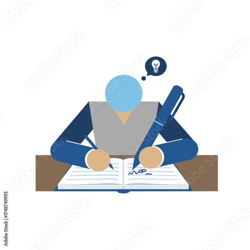 An illustration of a businessman jotting notes in a notebook, suitable for use as a background, website banner, promotional material, presentation template, advertisement, or printed collateral