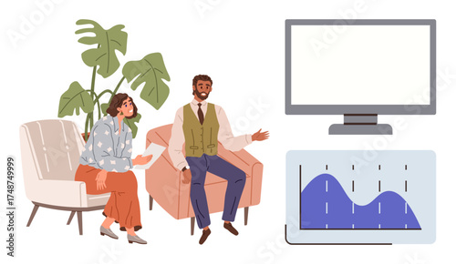 Two professionals discussing data trends on digital graph display in workspace with cozy seating and plants. Ideal for business, analysis, productivity, teamwork, workspace design, collaboration