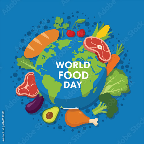 Flat design illustration of a globe surrounded by various foods for World Food Day with a blue background and colorful produce.