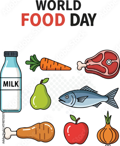Flat lay illustration of various foods including milk, carrot, meat, fish, pear, chicken, apple, and onion for World Food Day with a colorful and informative style against a clean white