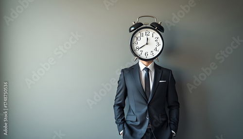 Businessman with an alarm clock for a head represents anxiety about time management and deadlines in a modern office setting