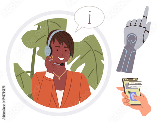 Customer service agent with headset surrounded by a robotic arm, speech bubble, and smartphone. Ideal for technology, AI, customer support, innovation, communication, automation digital assistance