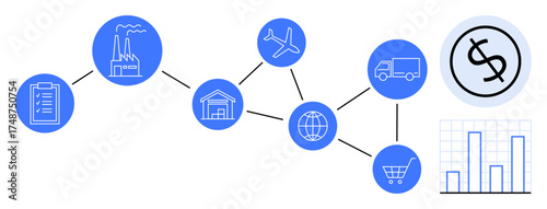 Industrial factory, warehouse, airplane, truck, shopping cart, globe, dollar sign, data chart. Ideal for logistics manufacturing e-commerce trade finance analytics supply chain simple flat