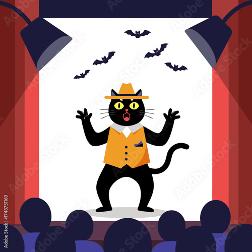 Black cat performing on stage in Halloween-themed theater play  