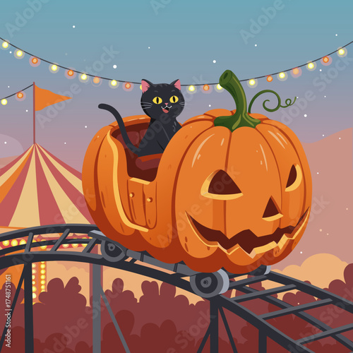 Black cat riding in pumpkin roller coaster at Halloween fair, vector 