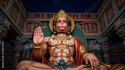 Majestic Seated Statue of Lord Hanuman in Ornate Temple Interior Illuminated by Warm Light Showcasing Intricate Details of Deity and Decorative Walls