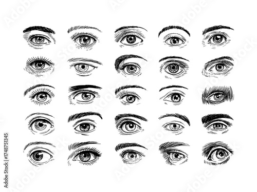Vector set of anime style eyes in black and white for illustration design, Illustrations featuring varied shapes, expressions styles for use in sketch art design, cartoons, creative projects