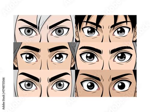 Vector set of anime style eyes in black and white for illustration design, Illustrations featuring varied shapes, expressions styles for use in sketch art design, cartoons, creative projects