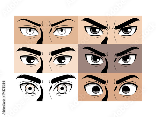 Vector set of anime style eyes in black and white for illustration design, Illustrations featuring varied shapes, expressions styles for use in sketch art design, cartoons, creative projects