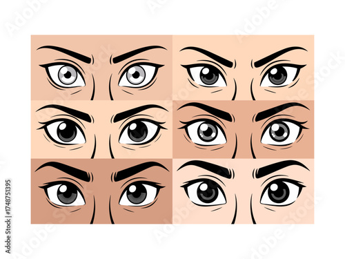 Vector set of anime style eyes in black and white for illustration design, Illustrations featuring varied shapes, expressions styles for use in sketch art design, cartoons, creative projects