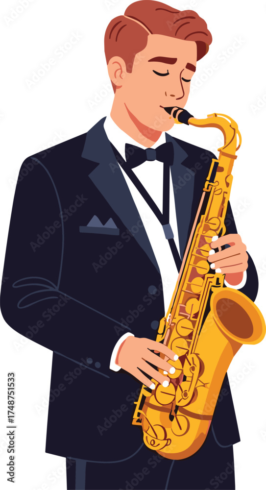 Naklejka premium Man in tuxedo playing saxophone with eyes closed in illustration