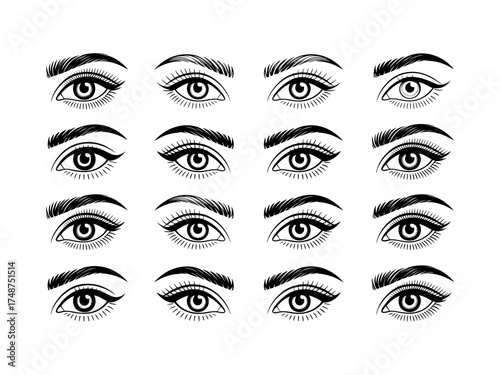 Vector set of anime style eyes in black and white for illustration design, Illustrations featuring varied shapes, expressions styles for use in sketch art design, cartoons, creative projects