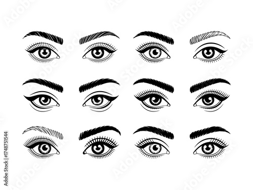 Vector set of anime style eyes in black and white for illustration design, Illustrations featuring varied shapes, expressions styles for use in sketch art design, cartoons, creative projects