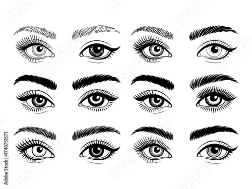 Vector set of anime style eyes in black and white for illustration design, Illustrations featuring varied shapes, expressions styles for use in sketch art design, cartoons, creative projects