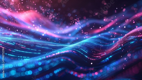 Colorful particles form flowing waves of light in a vibrant digital data abstract background with neon pink and blue tones