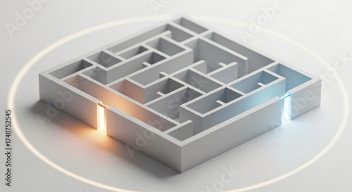 A three-dimensional render of a square maze viewed from a slightly elevated, isometric perspective.