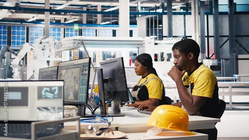 Tablou pe pânză African american technician evaluates renewable energy metrics at pc station, using advanced monitoring and manufacturing tools