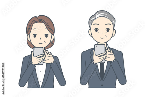 スマホを操作する中年のビジネスマンと中年のビジネスウーマンのイラスト
