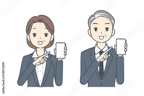 スマートフォンを指して見せる中年のビジネスマンと中年のビジネスウーマンのイラスト
