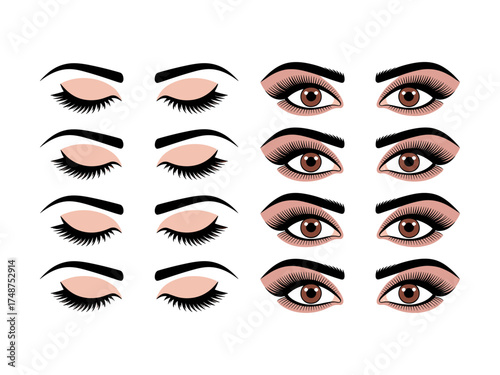 Vector set of anime style eyes in black and white for illustration design, Illustrations featuring varied shapes, expressions styles for use in sketch art design, cartoons, creative projects