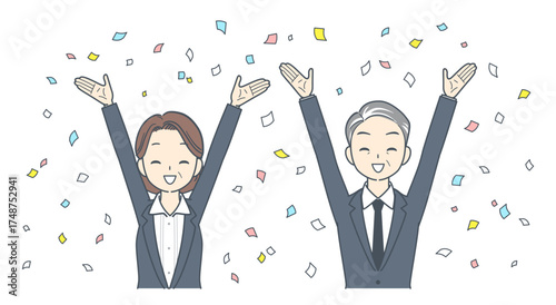 紙吹雪と共に喜ぶ中年のビジネスマンと中年のビジネスウーマンのイラスト 2人 上半身