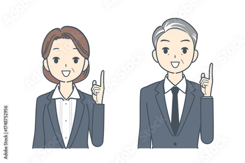上に指をさす中年のビジネスマンと中年のビジネスウーマンのイラスト