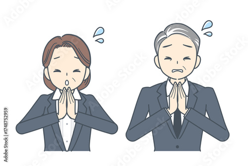 手を合わせて謝罪する中年のビジネスマンと中年のビジネスウーマンのイラスト
