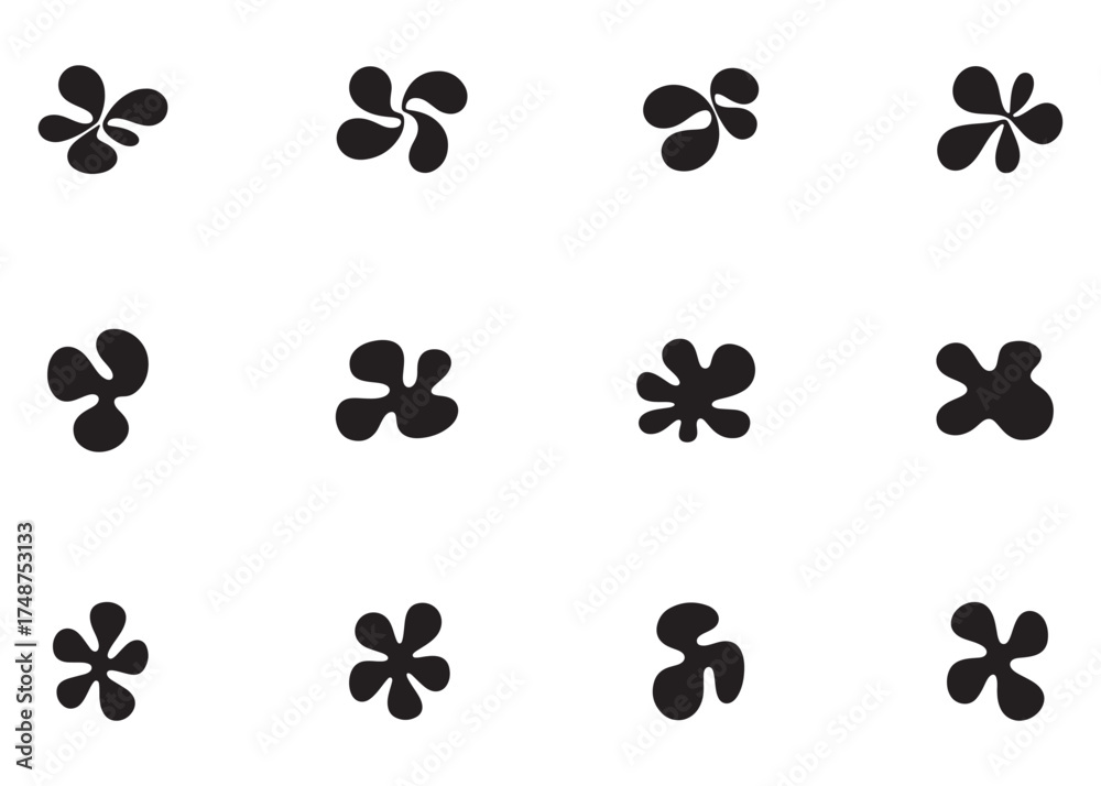 Fototapeta premium Abstract Petal Blob Pattern Vector | Modern Minimal Organic Shape Icons | Black Silhouette Flower Clipart Set