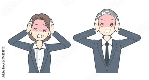 頭を抱えて混乱する中年のビジネスマンと中年のビジネスウーマンのイラスト