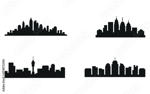 City Skyline Silhouette Vector Set – Urban Building Horizon Collection, Modern Cityscape Landmarks in Black Silhouette Style