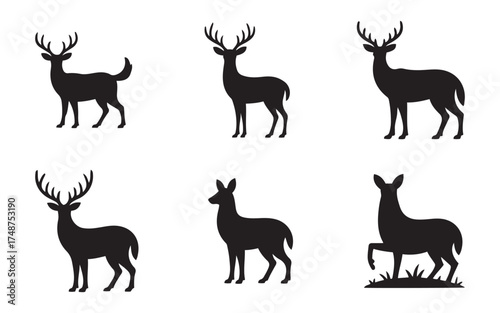 Deer Silhouette Vector Set , Forest Wildlife Clipart , Buck and Doe Animal SVG Bundle for Nature Designs