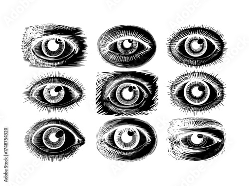 Vector set of anime style eyes in black and white for illustration design, Illustrations featuring varied shapes, expressions styles for use in sketch art design, cartoons, creative projects
