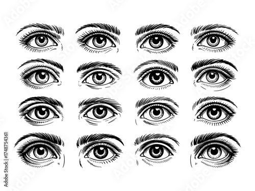 Vector set of anime style eyes in black and white for illustration design, Illustrations featuring varied shapes, expressions styles for use in sketch art design, cartoons, creative projects