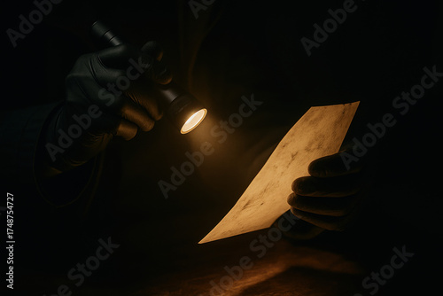 Secret Document Unveiled: Illuminated by a flashlight, gloved hands meticulously examine an ancient parchment, shrouded in a world of shadows, revealing hidden stories. 